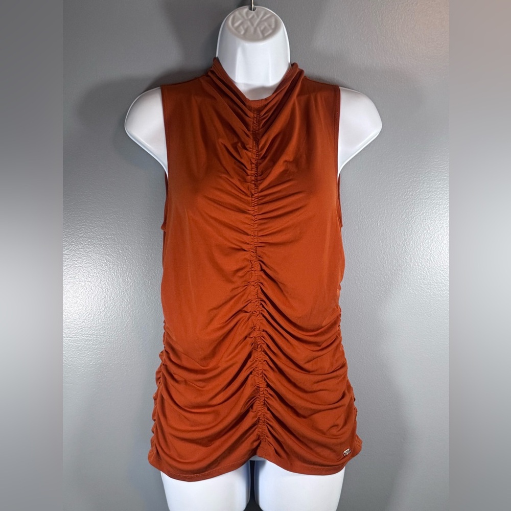 Calvin Klein Ruched Sleeveless Mock Neck Top Rust Orange Stretch Blouse Size M - Picture 3 of 14